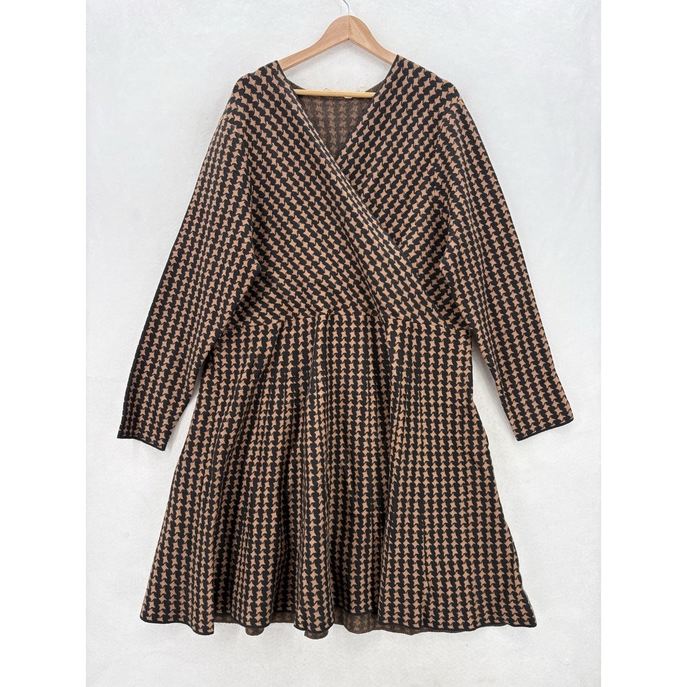 Soft Surroundings Aida Surplice Sweater Dress Womens 3X Brown Houndstooth Knit